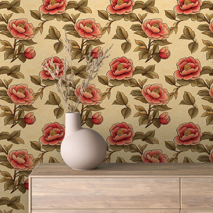 Coral Peony Botanical Wallpaper