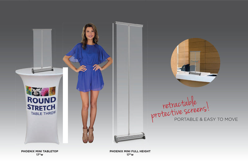 Woman In Blue Dress Standing In Between Phoenix Mini Tabletop Banner And Phoenix Mini Full Height Banner